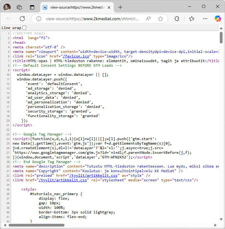 HTML-sivun lähdekoodi selaimessa avattuna.